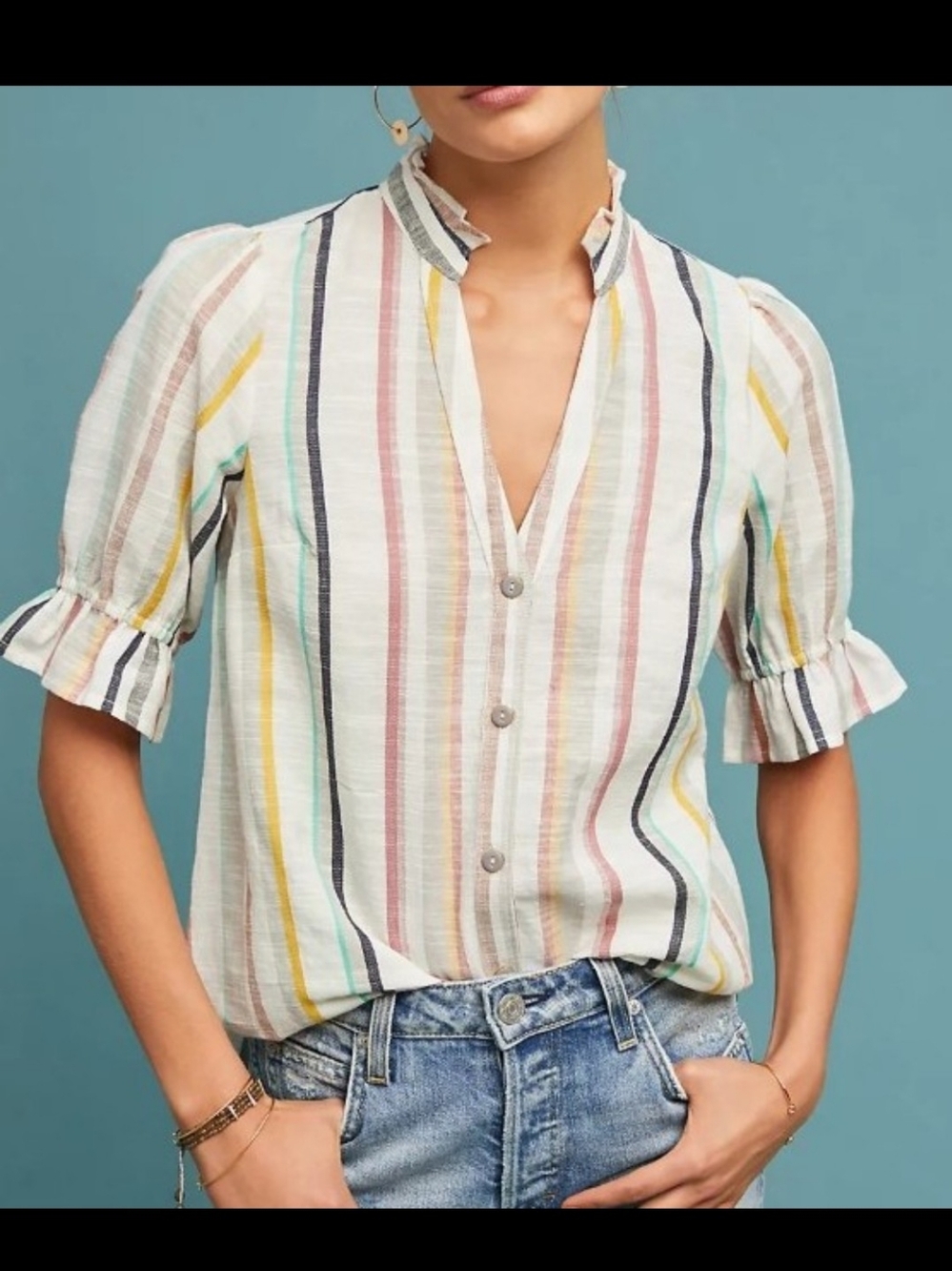 Maeve Fairhope Cotton Striped Ruffle Sleeve Top White & Multicolor Medium